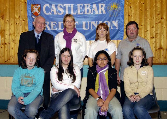 Castlebar Credit Union Table Quiz held in Davitt College Junior Section Joint winning First Year team from St. Josephs Secondary School Castlebar .Front L-R: Aisling Corley, Kaaren OLeary, Maria Zia, Sinead Corley.  Back L-R: Paddy Glynn (Credit Union), Bridie Clarke (Credit Union), Denise Kinsella (Credit Union), Michael Murray (Credit Union). Photo  Ken Wright Photography 2007. 

