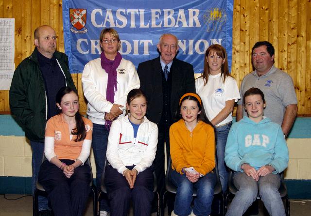 Castlebar Credit Union Table Quiz held in Davitt College Junior Section Joint winning First Year team from St. Josephs Secondary School Castlebar. Front L-R: Shannon Rowland, Aoife Walsh, Jessica Dolan, Aisling Conlon. Back L-R: John OBrien (Credit Union), Bridie Clarke (Credit Union), Paddy Glynn (Credit Union), Denise Kinsella (Credit Union), Michael Murray (Credit Union). Photo  Ken Wright Photography 2007. 

