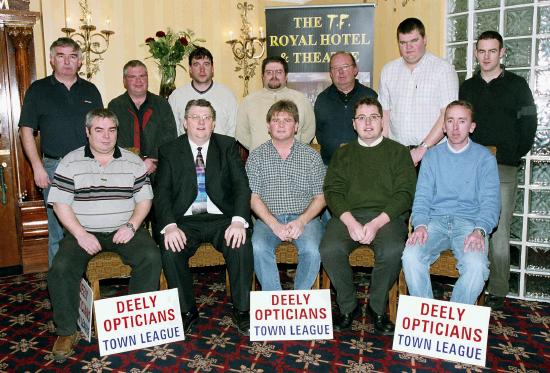 Pictured in the TF Royal Hotel at the announcement of the darts final committee members and sponsors Front L-R: Mick Kelly (secretary), Pat Jennings (sponsor), John Coyne (chairman), Mark Deely (sponsor), Declan Kilkelly (treasurer). Back L-R: Tony Flynn, Gerry Ruane, and Mick Kilcourse (PRO), John Mulligan (mid west radio representing the media), Michael Rooney, Richard Murphy, Dwayne Flynn: Photo  Ken Wright Photography 2005.  