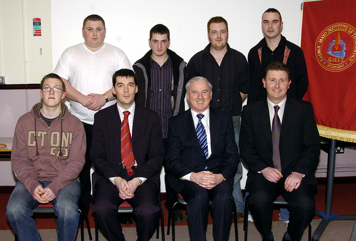 GMIT Castlebar presentation of certificates held in the Davitt room. 
Students who received Certificates in Automobile Technology. Front l-R: Kevin McDonnell, Declan Hoban (Programme Co-ordinator), Bernard OHara (Head GMIT Castlebar), Austin Kearns (Lecturer). Back L-R: Brian Moran, John Regan, Seamus Roche, Thomas Hoban. Photo  Ken Wright Photography 2007. 
