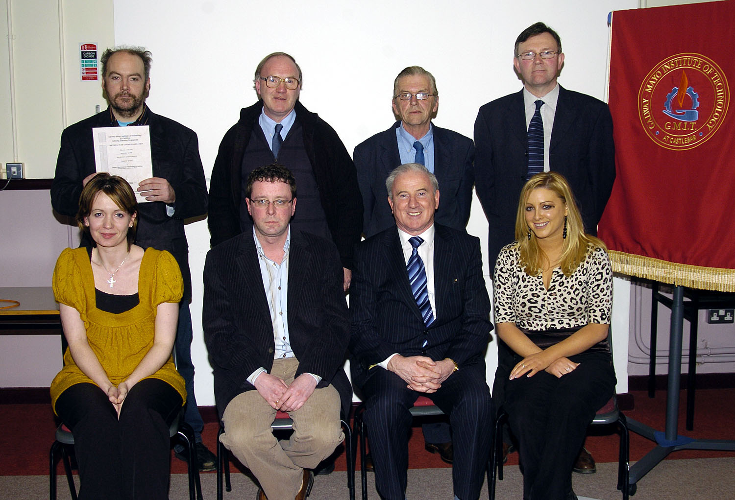 GMIT Castlebar presentation of certificates held in the Davitt room.
Students who received Certificates in Web Design. Front l-R: Bernadette Hillsan, Bill Flynn(Lecturer). Bernard O’Hara (Head GMIT Castlebar), Donna Burke. Back L-R:
Michael Gavin, Peter Browne, Jerry McDonagh, Brian Mulhern (Head of Department). Photo © Ken Wright Photography 2007.