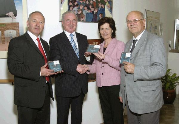 Pictured at Mayo Education Centre at the presentation of a CD Rom by Bernard OHara, President Galway Archaeological Historical Society, to Bernie Rowland, Chairperson Mayo Education Centre Management Committee and History Teacher in Davitt College Castlebar. L-R: Denis OBoyle (Director of Mayo Education Centre), Bernard OHara, Bernie Rowland, Dr. Diarmuid OCearbhaill (Editor Galway Archaeological Historical Society Journal). Photo  Ken Wright Photography 2007.

