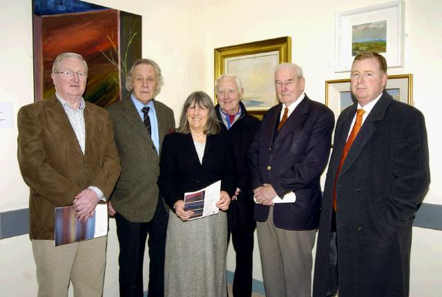 Pictured in Mayo General Hospital at the exhibition of paintings by Jim Houston 
Entitled Nature's Coat of Many Colours, which was officially opened by Professor Peter Gatenby. The paintings will be on display until 22nd June L-R: Joe Johnson, Jim Houston, Sue Hannahan, Aiden Burke, Professor Peter Gatenby, Derek Bennett Orthopaedic Surgeon . Photo  Ken Wright Photography 2007. 
