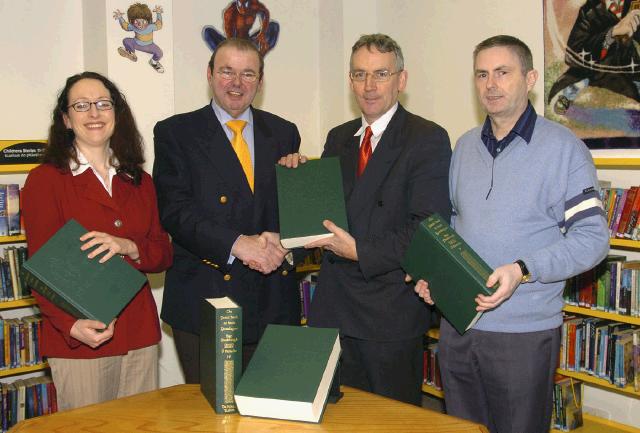 Pictured in Castlebar Library at a presentation by Eamonn Bourke (publisher) of The Great Book of Irish Genealogies to Austin Vaughan County Librarian. L-R; Paula Leavy-McCarthy, Eamonn Bourke,  Austin Vaughan,  Ivor Hamrock. Photo  Ken Wright Photography 2007.  