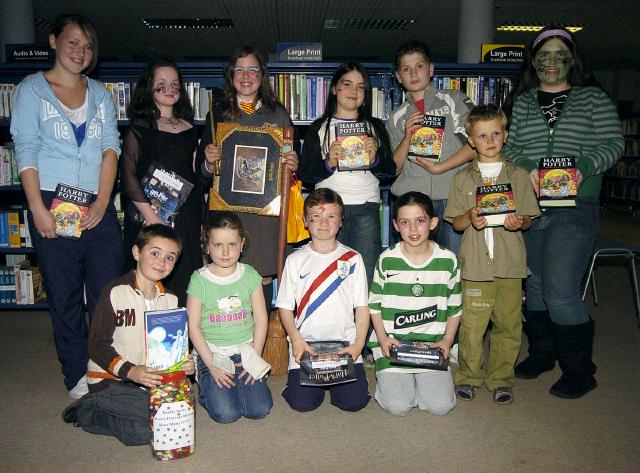 Pictured at Castlebar Library, at the launch of J K Rowlings Harry Potter and the Deathly Hallows are the winners of the Draw for Harry Potters Book Front L-R: Jack Keating, Evanna Winters, Jonathan Morley, Grainne Campbell, Vlav Khokhe. Back L-R: Sinead Tighe, Katie Corcoran, Sarah Rutledge, Tanitha Tolan, Eric  Egan, Bridget Lynskey  .  Photo  Ken Wright Photography 2007. 

