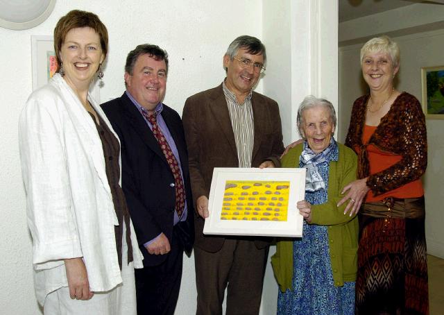Pictured in the Linenhall Arts Centre Castlebar the Autumn into Summer Art Exhibition by a group of artists from the Sacred Heart Home Castlebar which was opened by Deirdre Walsh (Arts Programme Co-ordinator HSE West). L-R: Deirdre Walsh, Tony OBoyle, Martin Larkin, Mary Nolan (Artist), Regina Mulrooney (Friends of the Sacred Heart Home). Photo  Ken Wright Photography 2007 