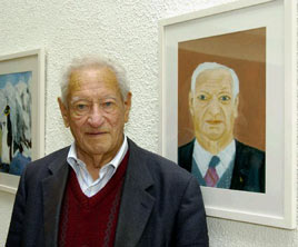 Tony Mulloy with his portrait painted by his wife Bridie Mulloy - at the recent exhibition of paintings by artists in the Sacred Heart Hospital. Click for more from Ken Wright.