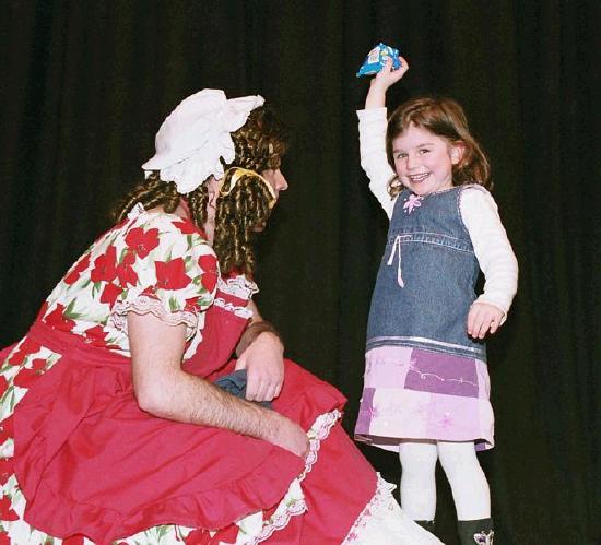 Walter Donoghue as the Dame Winnie Peg with an enthusiastic young fan from the audience. Photo  Ken Wright Photography 2005