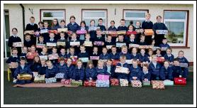 Pictured children from Ballintubber NS who filled  67 shoeboxes with the help of their parents and teachers for Operation Christmas Child: Photo Ken Wright 