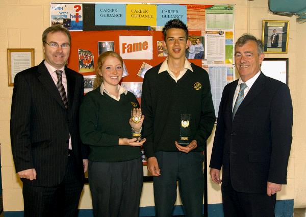 Pictured at the presentation of the Bank of Ireland National Student Awards 2007 to Caoimhe Geraghty and Leigh Burke L-R: Enda McDonagh (Manager Bank of Ireland Castlebar), Caoimhe Geraghty, Leigh Burk, Ioseph McGowan (Principal). Photo  Ken Wright Photography 2007 