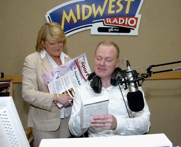 Margaret O'Malley(Dentist) who has produced a dental first aid kit for mouth injuries pictured with Tommy Marron (Mid West Radio)  Photo Ken Wright Photography Studio 094. 