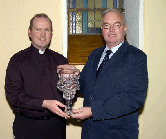 Presentation by Fr. Gerald Burns incoming Chairman Parke NS Board of Management to Pat Duffy who was the Chairman  for the last six years and Board member for the last fifteen years. Parke NS Board of Management. Photo  Ken Wright Photography 2007.