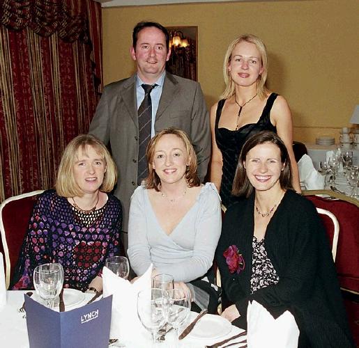 St. Gerald's College at Reunion Function, 20th   Year Reunion Held in Breaffy House Hotel & Spa  L-R: Jean Courell, Caroline Mongey, Ruth Carney, Back L-R: Kevin Swift, Aileen McGrath
Photo  Ken Wright Photography 2004 
