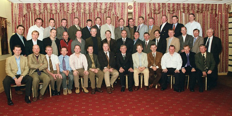 Class of Leaving Certificate 1978 -1984, St. Gerald's College at Reunion Function, 20th Nov 2004
Back Row (3rd) - Left to Right:John Touhy, Dereck Tobin, John Stewart, David Cowley, Michael ODonnell, Aidan Connelly, Kevin Durcan, Kevin Swift, John Mayock, Declan Courell, David McLoughlin, Barry Campbell, Iarla Mongey, Brendan McCormack.Middle Row (2rd) - Left to Right: Sean Moran, Richard Staunton,David Sweeney, Michael Ruane, John ODonnell, John Moran, Padraic McHale, John McCormack, Paul Mangan, John Bourke, Paul Devanney, Richard Gillispee, Pierce McDonald, Cathal Reynolds (Teacher), William Saddler (Teacher).
Front Row (2rd) - Left to Right:Anthony Quinn, Peter OMalley, John Kilkenny, Andrew Leonard, Cyril Kavanagh, John Rabbette, Declan Durcan, Brother Amedy, Philip Beirne, Val Baynes, John OConnor, Kevin Beirne, Des Joyce.
 Photo:  Ken Wright. 
