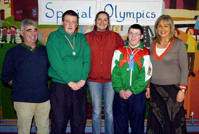 Pictured in St Brids special school Castlebar 
Niall Egan and James Mulvanney from Charlestown who recently won medals in the Special Olympics swimming which took place in Sligo, with Michael Rabbitte Teacher, Anne Marie Gannon Teacher and Majella Murray Teacher. Photo  Ken Wright Photography 2007. 
