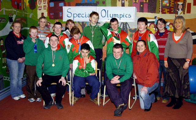 A group of medal winners from St. Brids Special School Castlebar who took part in the Special Olympics Bowling Competition which took place in Mayo Leisure Point Castlebar, pictured with Noreen McEvinney, Lorraine Cunningham, Anne Marie OMalley, Edel Diskin, Majella Murray and Anne Marie Gannon front. Photo Ken Wright Photography 2007. 