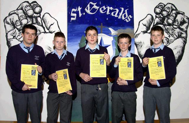 St. Geralds College Achievements Evening
A group of students who raised money for Concern and Trocaire L-R: Peter Glynn, Patrick Feeney, Colman Munnelly, Ronan Ludden, Aaron McCormick,.. Photo  Ken Wright Photography 2007 

