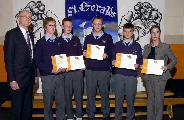 St. Geralds College Achievements Evening
Students who took part in the AIB Schools Bank L-R: Peter Glynn (Manager AIB Castlebar ), Riann Derrig, John King, James Ruane, Eoin McCarney, Sharon Patten (AIB Castlebar),  . Photo  Ken Wright Photography 2007 
