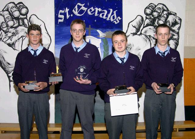 St. Geralds College Achievements Evening
Transition Year Student Awards L-R: Joseph Togher (Leadership Award), James Ruane (Best Attendance and Student of the Year), Mark Jordan (Innovative  And Legal Studies Course), Damien Corrigan (Transition Year Student of the Year) . Photo  Ken Wright Photography 2007
