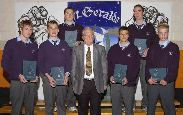 St. Geralds College Achievements Evening
Frank Durcan of Property Partners Durcan Auctioneers Castlebar (sponsor) presenting the Sports day Awards L-R: Peter Lyons (3rd Year), Fergal Durkan (2nd Year), Frank Durcan, Cathal Douglas (4th Year), Eoin Gannon (1st Year). Back L-R: Mark Conlon (6th Year), Shane Lavelle (5th Year).  Photo  Ken Wright Photography 2007 
