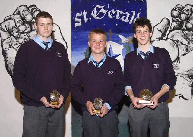 St. Geralds College Achievements Evening
Sports Awards L-R: Gerard Kelly (1st in the All Irelands Hammer), Eoin Lisibach (3rd International Racquetball), Nicholas Quinn (Swimming International Schools) Photo  Ken Wright Photography 2007 

