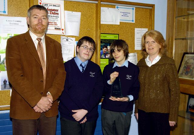 Pictured in St. Geralds College Castlebar is the West of Ireland Debating Competition junior section winners Sean Walsh and Fergal Rowe, with Sean Bourke (Acting Principal) and Veronica Rowe (Debating Co-ordinator). Photo  Ken Wright Photography 2007. 

