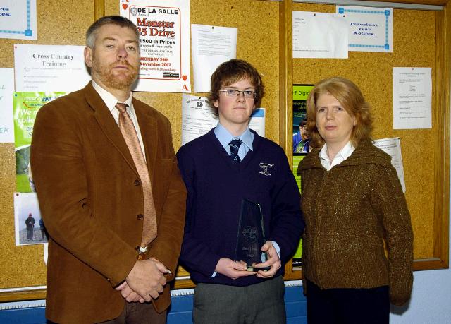 Pictured in St. Geralds College Castlebar is Rian Derrig who was awarded Best Individual Speaker in the West of Ireland Debating Competition with Sean Bourke (Acting Principal) and Veronica Rowe (Debating Co-ordinator). Photo  Ken Wright Photography 2007. 