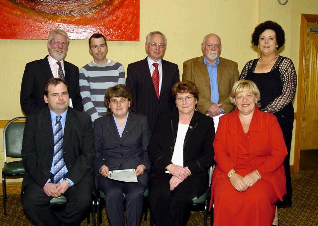 Pictured in the Welcome Inn at a presentation of certificates FETAC Front Row l-R; Mairtin OMorain Tutor Mayo VEC, Anne OMalley student, Mary McDonagh FAS Supervisor, Teresa McGuire, Back Row L-R: Joe Roache student Noel Walsh student,  Pat Higgins AEO Mayo VEC, Richard Holmes student, Dr. Katie Sweeney CEO Mayo VEC. Photo  Ken Wright Photography 2007 


