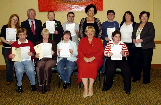 Pictured in the Welcome Inn at a presentation of  FETAC certificates Front Row l-R; Colm McGee, Anne Noone, Deidre Gavin, Teresa McGuire, Aoife Keane. Back Row L-R: Mary Moyles student, Pat Higgins AEO Mayo VEC, Raymond Costello student, Paul Feehan student, Dr. Katie Sweeney CEO Mayo VEC, Raymond Connolly student, Lorraine Gibbons Rehab, Carmel Quinn Tutor Mayo VEC. Photo  Ken Wright Photography 2007 