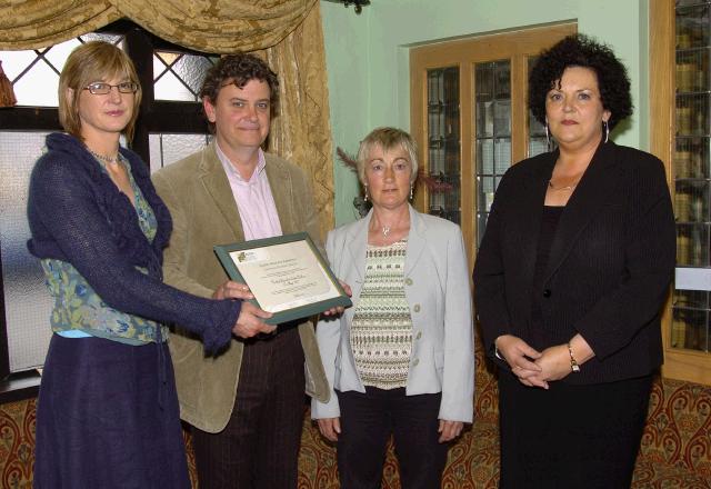 Pictured at a presentation in the Welcome Inn of FETAC Quality Assured certificates by Dr. Katie Sweeney CEO VEC and Joanne Walsh Quality Assurance Co-ordinator L-R: Joanne Walsh, Michael McIntyre and  Jackie Murray Ballina Further Education Centre,  Dr. Katie Sweeney. Photo  Ken Wright Photography 2007.