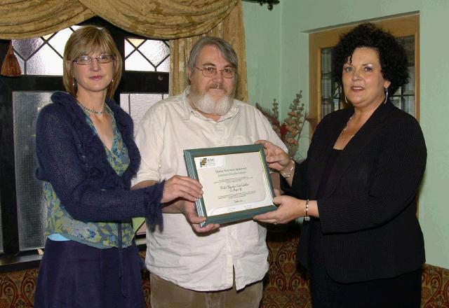 Pictured at a presentation in the Welcome Inn of FETAC Quality Assured certificates by Dr. Katie Sweeney CEO VEC and Joanne Walsh Quality Assurance Co-ordinator L-R: Joanne Walsh, Liam Egan Further Education Centre Castlebar, Dr. Katie Sweeney. Photo  Ken Wright Photography 2007.

