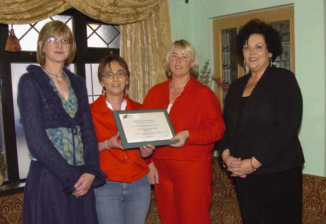 Pictured at a presentation in the Welcome Inn of FETAC Quality Assured certificates by Dr. Katie Sweeney CEO VEC and Joanne Walsh Quality Assurance Co-ordinator L-R: Joanne Walsh, Eimear Mullins and Jackie OGrady-Dever Further Education Centre Swinford , Dr. Katie Sweeney. Photo  Ken Wright Photography 2007.