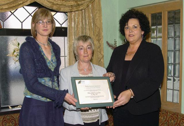 Pictured at a presentation in the Welcome Inn of FETAC Quality Assured certificates by Dr. Katie Sweeney CEO VEC and Joanne Walsh Quality Assurance Co-ordinator L-R: Joanne Walsh, Jackie Murray Ballina Adult Learning Centre , Dr. Katie Sweeney. Photo  Ken Wright Photography 2007.