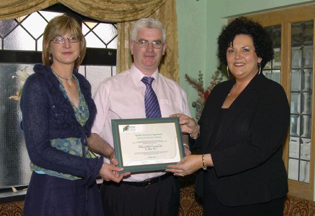 Pictured at a presentation in the Welcome Inn of FETAC Quality Assured certificates by Dr. Katie Sweeney CEO VEC and Joanne Walsh Quality Assurance Co-ordinator L-R: Joanne Walsh, Nicholas OKelly Ballinrobe Adult Learning Centre, Dr. Katie Sweeney. Photo  Ken Wright Photography 2007.

