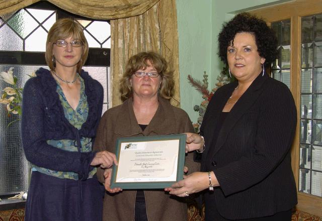 Pictured at a presentation in the Welcome Inn of FETAC Quality Assured certificates by Dr. Katie Sweeney CEO VEC and Joanne Walsh Quality Assurance Co-ordinator L-R: Joanne Walsh, Rosario Cooney Belmullet Adult Learning Centre, Dr. Katie Sweeney. Photo  Ken Wright Photography 2007.

