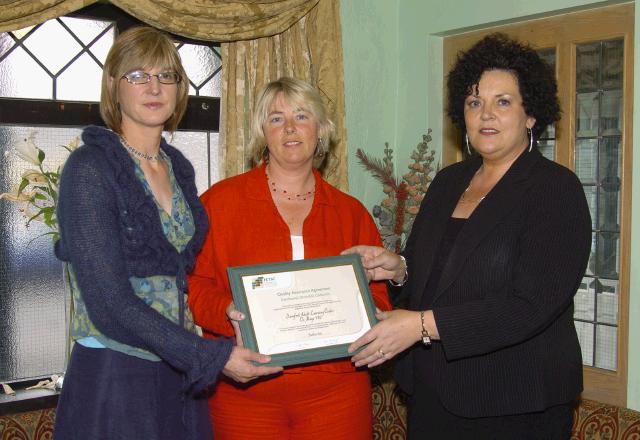 Pictured at a presentation in the Welcome Inn of FETAC Quality Assured certificates by Dr. Katie Sweeney CEO VEC and Joanne Walsh Quality Assurance Co-ordinator L-R: Joanne Walsh, Jackie OGrady-Dever Swinford Adult Learning Centre, Dr. Katie Sweeney. Photo  Ken Wright Photography 2007.