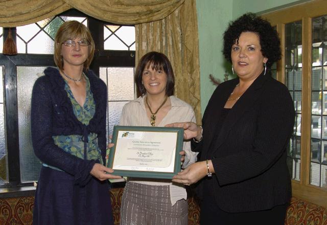 Pictured at a presentation in the Welcome Inn of FETAC Quality Assured certificates by Dr. Katie Sweeney CEO VEC and Joanne Walsh Quality Assurance Co-ordinator L-R: Joanne Walsh, Siobhan Reid St. Brendans College Belmullet, Dr. Katie Sweeney. Photo  Ken Wright Photography 2007.

