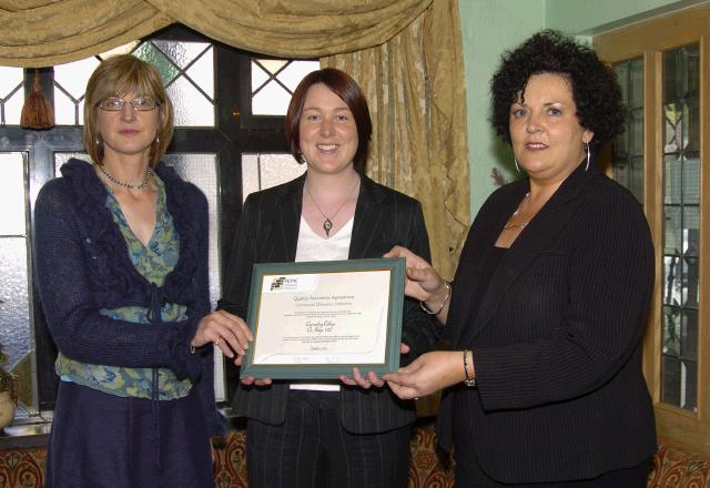 Pictured at a presentation in the Welcome Inn of FETAC Quality Assured certificates by Dr. Katie Sweeney CEO VEC and Joanne Walsh Quality Assurance Co-ordinator L-R: Joanne Walsh, Aislish Moran (Deputy Principal) Carrowbeg College Westport,  Dr. Katie Sweeney. Photo  Ken Wright Photography 2007.

