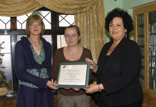 Pictured at a presentation in the Welcome Inn of FETAC Quality Assured certificates by Dr. Katie Sweeney CEO VEC and Joanne Walsh Quality Assurance Co-ordinator L-R: Joanne Walsh, Deidre Newel St. Tiernans College Crossmolina, Dr. Katie Sweeney. Photo  Ken Wright Photography 2007.