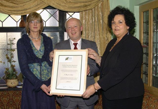 Pictured at a presentation in the Welcome Inn of FETAC Quality Assured certificates by Dr. Katie Sweeney CEO VEC and Joanne Walsh Quality Assurance Co-ordinator Overall recognition of schools Terry McCole representing the schools principals L-R: Joanne Walsh, Terry McCole (Chairman Principals Association), Dr. Katie Sweeney. Photo  Ken Wright Photography 2007.