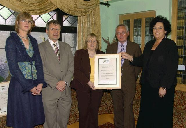 Pictured at a presentation in the Welcome Inn of FETAC Quality Assured certificates by Dr. Katie Sweeney CEO VEC and Joanne Walsh Quality Assurance Co-ordinator Mayo VEC Adult Education Services Officers Pat Stanton, Pauline McDermott and Pat Higgins with Joanne Walsh and Dr. Katie Sweeney. Photo  Ken Wright Photography 2007.