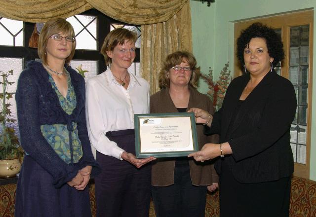Pictured at a presentation in the Welcome Inn of FETAC Quality Assured certificates by Dr. Katie Sweeney CEO VEC and Joanne Walsh Quality Assurance Co-ordinator L-R: Joanne Walsh, Lucy Bingham McAndrew and Rosario Cooney Belmullet Adult Learning Centre, Dr. Katie Sweeney. Photo  Ken Wright Photography 2007.

