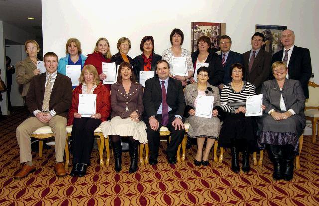 Pictured in Days Hotel Castlebar at a presentation of FETAC certificates in Computer Literacy to a group from Baxters Healthcare Castlebar Front L-R: Martin Cosgrove (Training Manager), Mary Flanagan, Mary Molloy (Skills for Work Coordinator), Martin Moran (Tutor), Anne Vahey, Margaret Lavelle, Teresa McGuire (Chairperson Adult Education Board VEC). Back L-R: Margaret Stanton, Theresa Boyle, Martha McDonnell, Rita Brennan, Nuala Prendergast, Helen Melody, Anna Golden, Pat Stanton (CEO Mayo Adult Education Centre), Gerry Healy (Manufacturer Manager), Martin Brett (FAS Services Business West Region). Photo  Ken Wright Photography 2007. 

