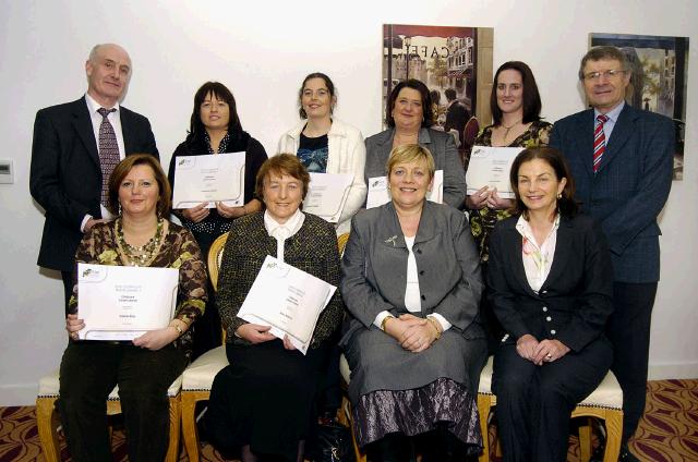 Pictured in Days Hotel Castlebar at a presentation of FETAC certificates in Childcare Front L-R: Valerie King, Mary Hallinan, Teresa McGuire (Chairperson Adult Education Board VEC), Phyllis Carney(ALO). Back L-R: Martin Brett (FAS Services Business West Region, Catherine Burke, Siobhan Reilly, Mary Walsh, Louisa Lavelle,  Pat Stanton (CEO Mayo Adult Education Centre). Photo  Ken Wright Photography 2007. 


