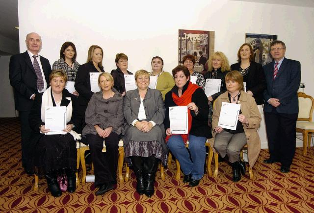 Pictured in Days Hotel Castlebar at a presentation of FETAC certificates in Special Needs Front L-R: Jacqui Murphy, Aine Quigley, Teresa McGuire (Chairperson Adult Education Board VEC), Lorraine Cawley, Bina Jennings. Back L-R: Martin Brett (FAS Services Business West Region, Helen Igoe, Christine McLoughlin, Breege Ormsby, Ann Cattigan, Liz McHale, Maggie Ahern, Teri Gallagher,  Pat Stanton (CEO Mayo Adult Education Centre). Photo  Ken Wright Photography 2007.

