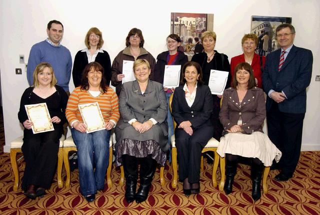 Pictured in Days Hotel Castlebar at a presentation of FETAC certificates in Computer Literacy and personal Effectiveness to a group from Supervalu Front L-R: Rosealeen Noonan, Rita McNamara, Teresa McGuire (Chairperson Adult Education Board VEC), 
Phyllis Carney (ALO), Molly Molloy (Skills for Work Coordinator), Back L-R: John Paige, Geraldine McSorley, Jacqui Baouche, Catherine Hughes, Helen Geraghty, Margo McHale, Pat Stanton (CEO Mayo Adult Education Centre), Photo  Ken Wright Photography 2007. 

