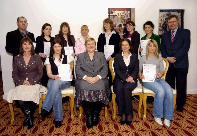 Pictured in Days Hotel Castlebar at a presentation of FETAC certificates in Computer Application and Information Technology to a group from Tesco and Supervalu Front L-R: Molly Molloy (Skills for Work Coordinator), Catriona Murphy, Teresa McGuire (Chairperson Adult Education Board VEC), Phyllis Carney (ALO), Jekaterina Polianskich Back L-R: Charlie Davies, Martina OBrien, Eileen OMalley, Veronica McDonagh, Geraldine McSorley, Catherine Hughes, Justyna Matulsk, Pat Stanton (CEO Mayo Adult Education Centre), Photo  Ken Wright Photography 2007. 