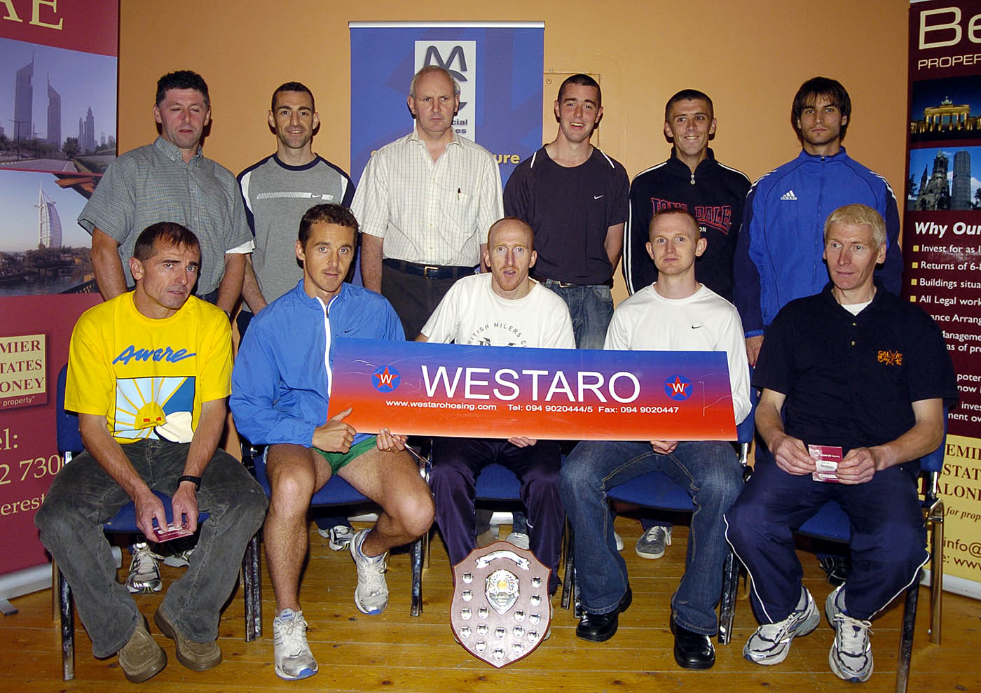 Balla 13th Annual 10K Road Race 2007, a group of winners Front L-R: Paddy Mangan 4th Mens over 40, Gary Higgins 2nd Senior Mens, Robert Malseed 1st Senior Mens, Michael Freeley 3rd  Senior Mens, Martin Corcoran 5th Mens Over 40. Back L-R: Paddy Murray 7th Senior Mens, TJ McHugh 6th Senior Mens, Vincent Kenny (Westaro Hosing Sponsor), Jason Broderick 8th Senior Mens, John Byrne 9th Senior Mens, Ern Kis Kiraly 10th Senior Mens. Photo  Ken Wright Photography 2007. 