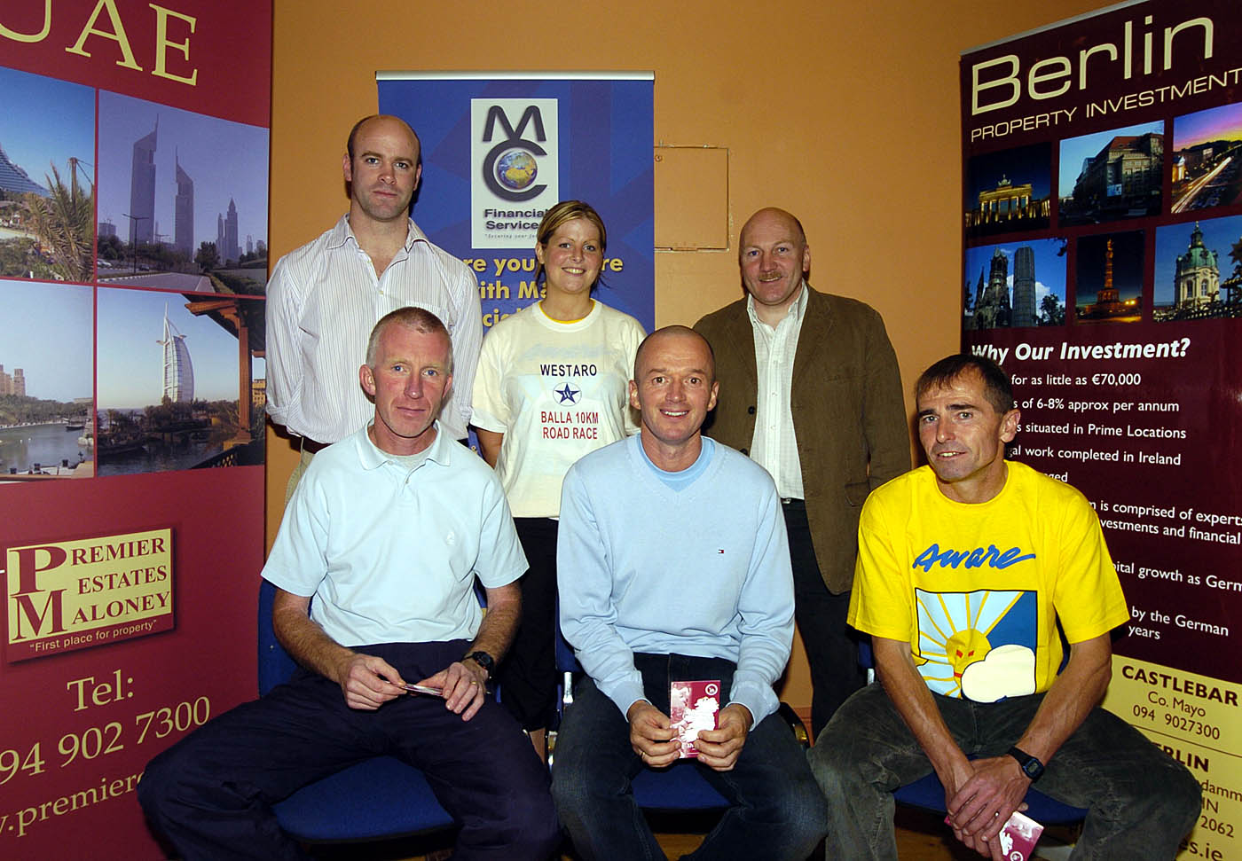 Balla 13th Annual 10K Road Race 2007, a group of winners of the Mens Over 40 Section pictured with some of the sponsors Front L-R: Tom Meehan 3rd Sligo AC, Michael OConnell 2nd Sligo AC, Paddy Mangan representing Domo Moran 1st Drumshoughlin. Back L-R: Clive Casey Premier Estates Maloney,(Sponser)Denise McIntyre Elvery Sports, ,(Sponser)Tom Connolly Premier Estates Maloney,(Sponser)
Photo  Ken Wright Photography 2007
