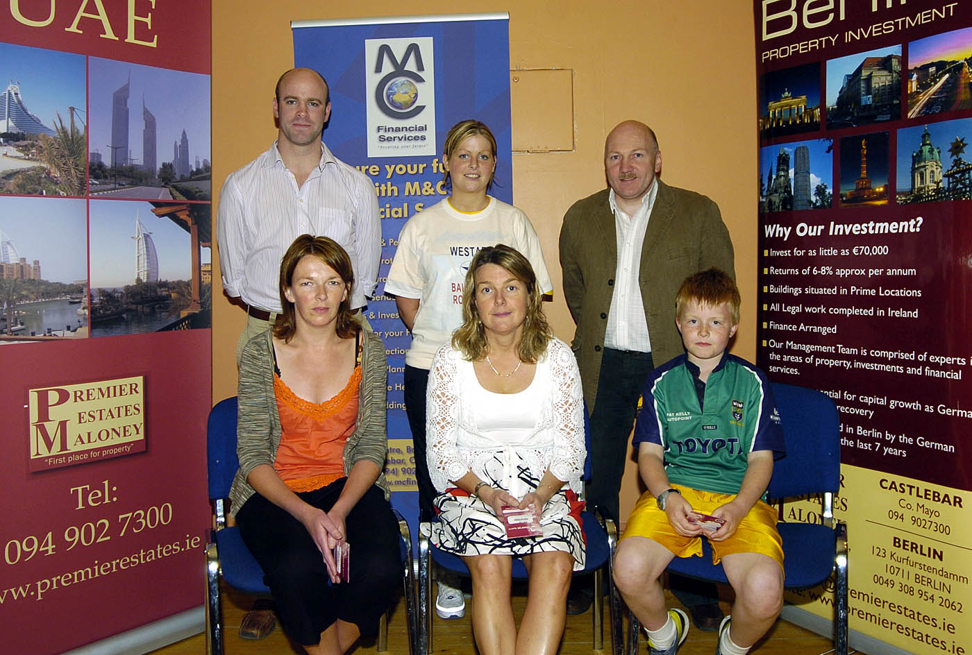 Balla 13th Annual 10K Road Race 2007, a group of winners of the Ladies Over 35 Section pictured with some of the sponsors Front L-R: Cindy McCarthy 2nd Sligo AC, Olivia Feeney 1st Sligo AC, Colum Naylor representing Patricia Battle 3rd Ballina.   Back L-R: Clive Casey Premier Estates Maloney, Sponsor Denise McIntyre Elvery Sports, Sponsor Tom Connolly Premier Estates Maloney Sponsor. Photo  Ken Wright Photography 2007